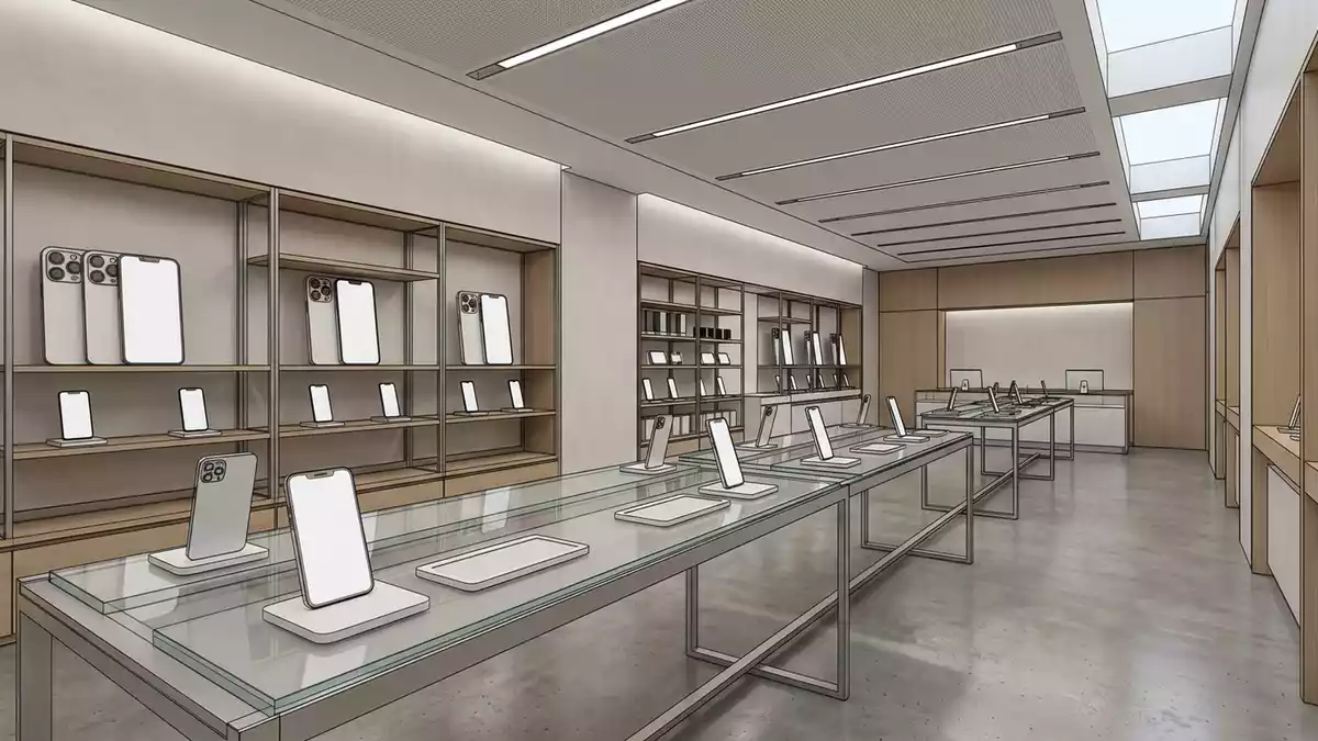 Architektur-Render im Elektronikgeschaeft mit Smartphone im Ausstellungsbereich