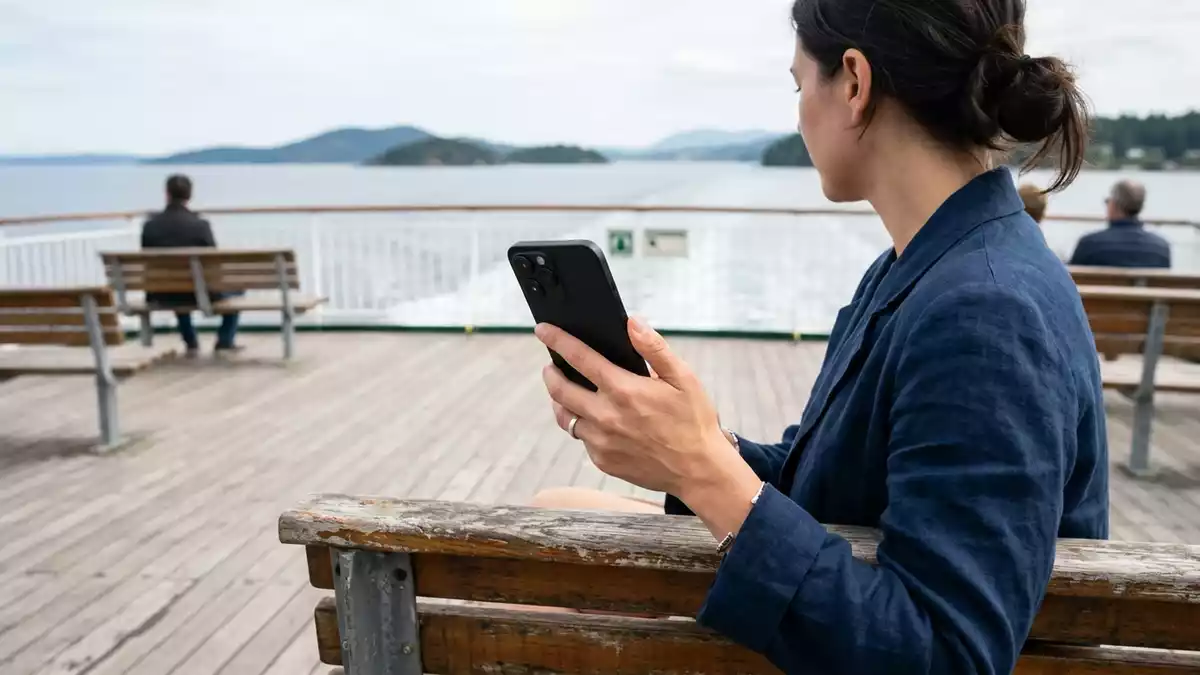 Fotorealistische Ansicht von Smartphone auf einer Faehre in realer Umgebung, neutral