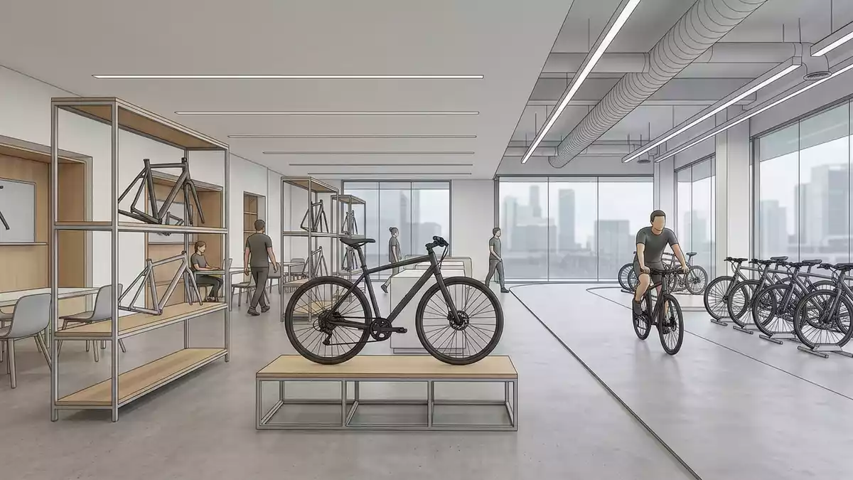 Architektur-Render im Fahrradgeschaeft mit Fitnessrad im Ausstellungsbereich, neutral