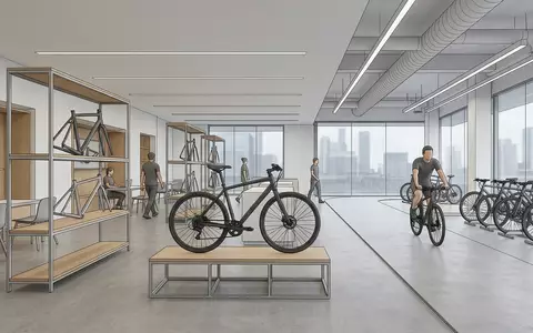 Architektur-Render im Fahrradgeschaeft mit Fitnessrad zum Thema Trek FX 3 Disc, neutrales Tageslicht - Foto: THN