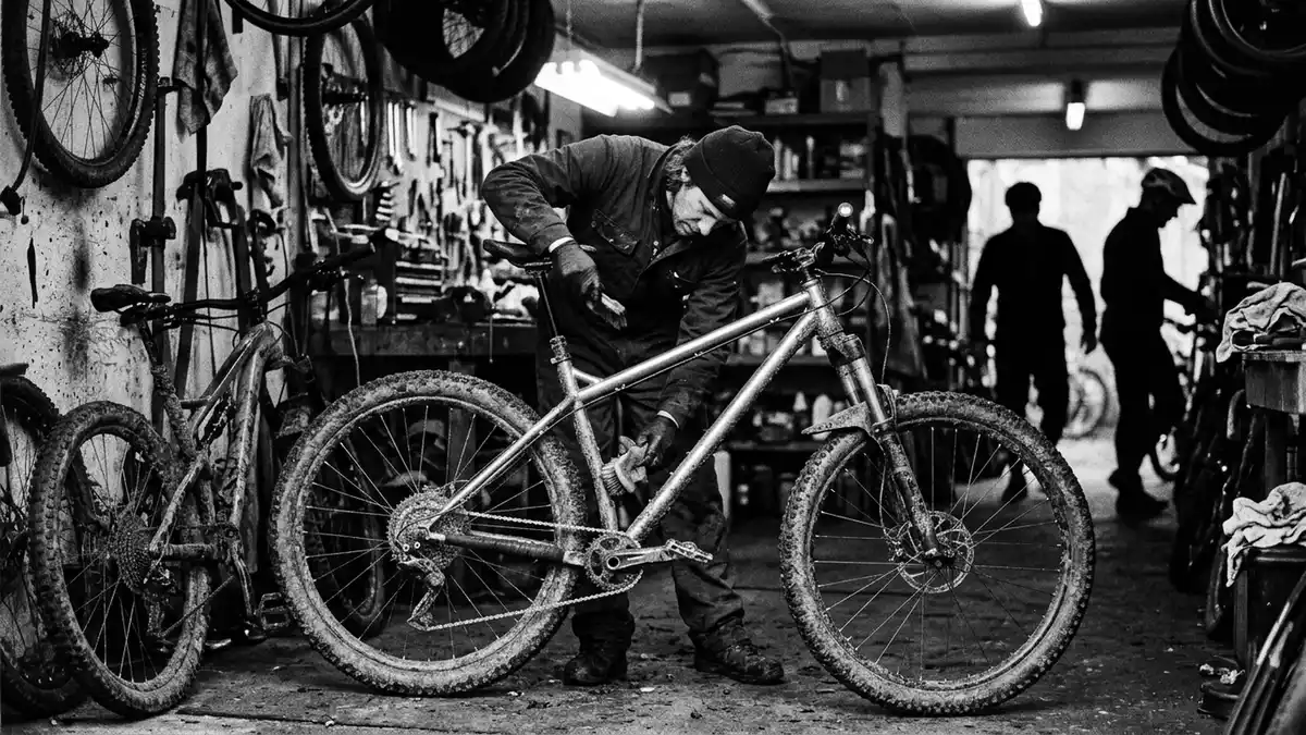 Schwarzweiss-Reportagebild mit Mountainbike in dokumentarischer Arbeitsumgebung