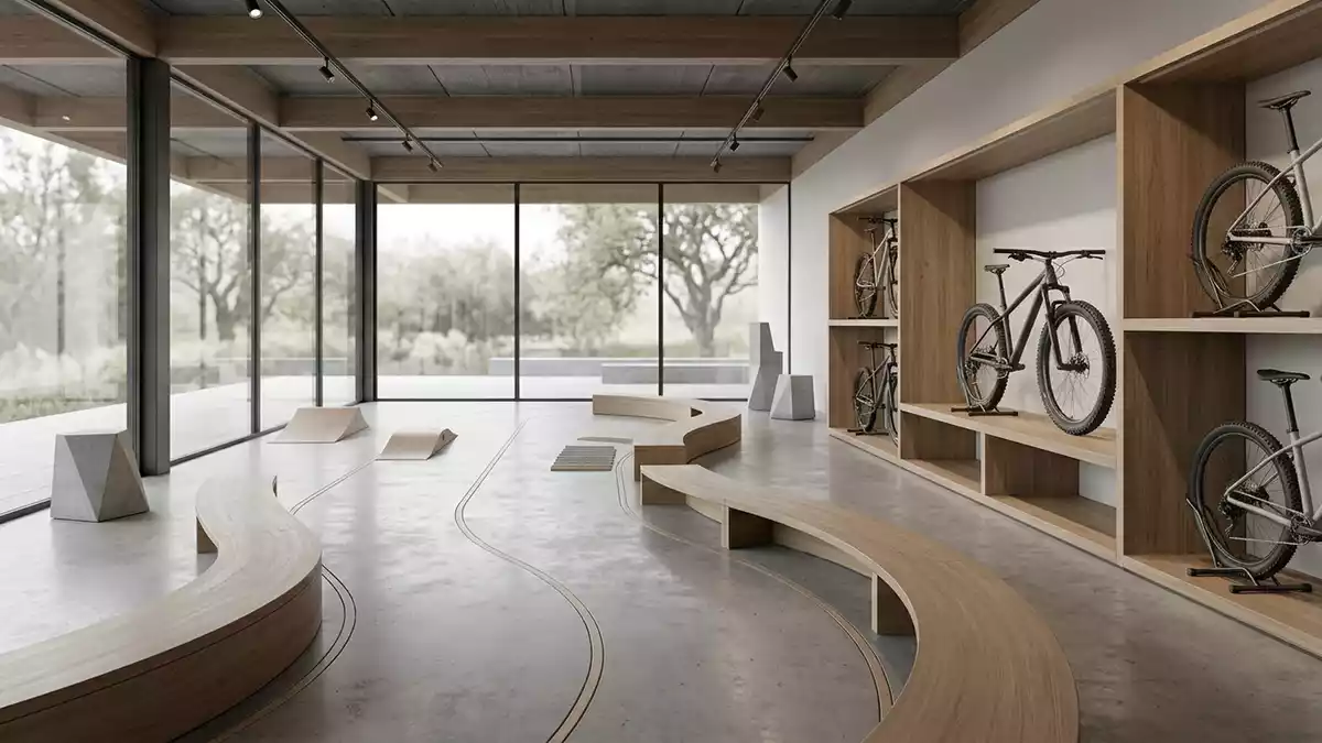 Architektur-Render im Fahrradgeschaeft mit Mountainbike im Ausstellungsbereich