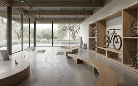 Architektur-Render im Fahrradgeschaeft mit Mountainbike zum Thema Trek Marlin 6 Mountainbike, neutrales Tageslicht - Foto: THN