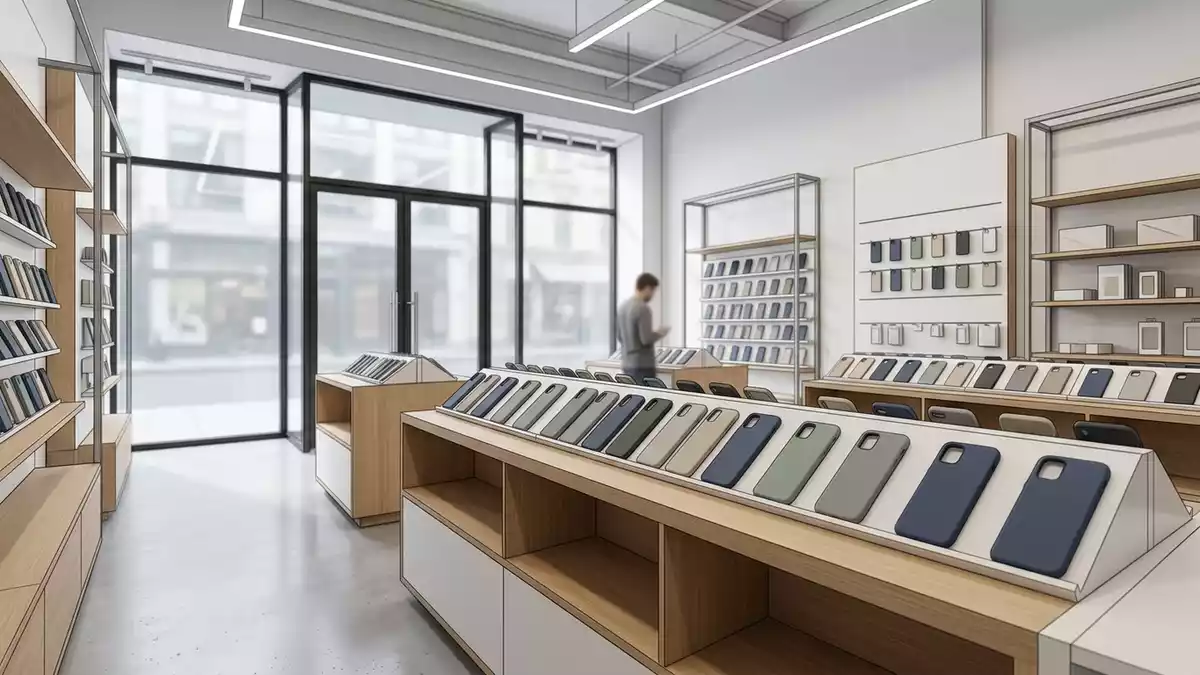 Architektur-Render im Handyzubehoer mit Smartphonehuelle im Ausstellungsbereich