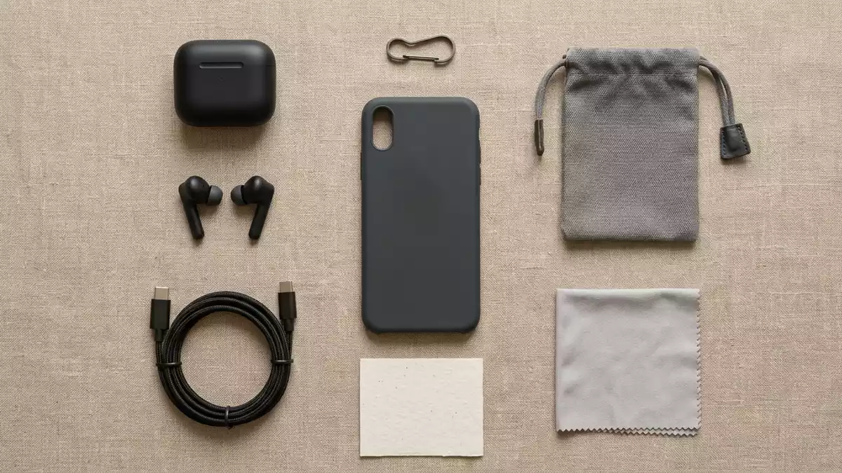 Flatlay-Arrangement rund um Smartphonehuelle mit passenden Requisiten von oben