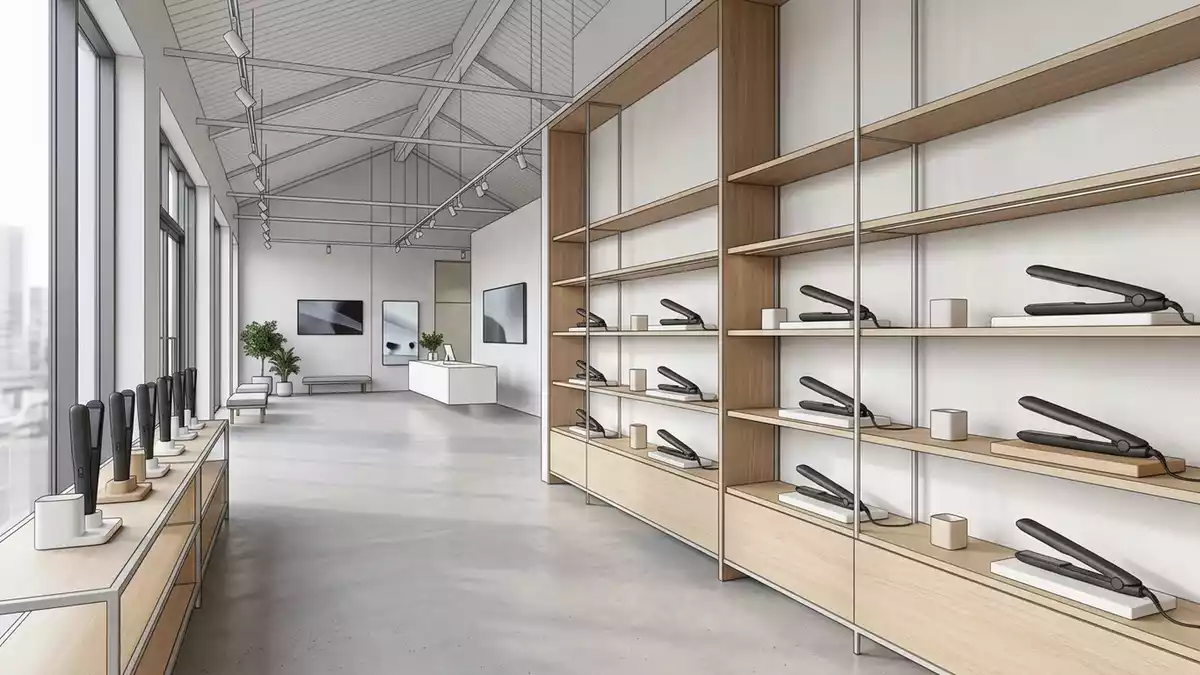 Architektur-Render im Kosmetikgeschaeft mit Haarglaetter im Ausstellungsbereich