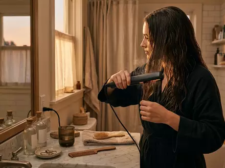 Fotorealistische Aufnahme von Haarglaetter im Badezimmer zum Thema Dyson Airstrait Straightener HT01, warmes Abendlicht - Foto: THN