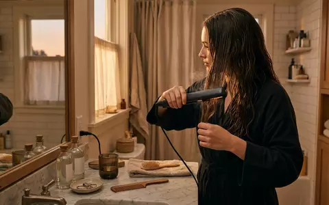Fotorealistische Aufnahme von Haarglaetter im Badezimmer zum Thema Dyson Airstrait Straightener HT01, warmes Abendlicht - Foto: THN