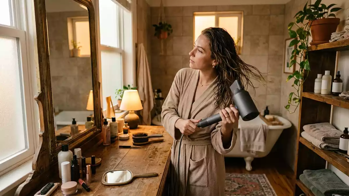 Fotorealistische Ansicht von Haartrockner im Badezimmer in warmem Abendlicht, neutral