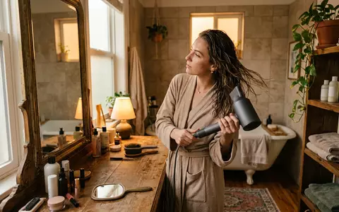Fotorealistische Aufnahme von Haartrockner im Badezimmer zum Thema Dyson Supersonic Haartrockner HD15, warmes Abendlicht - Foto: THN