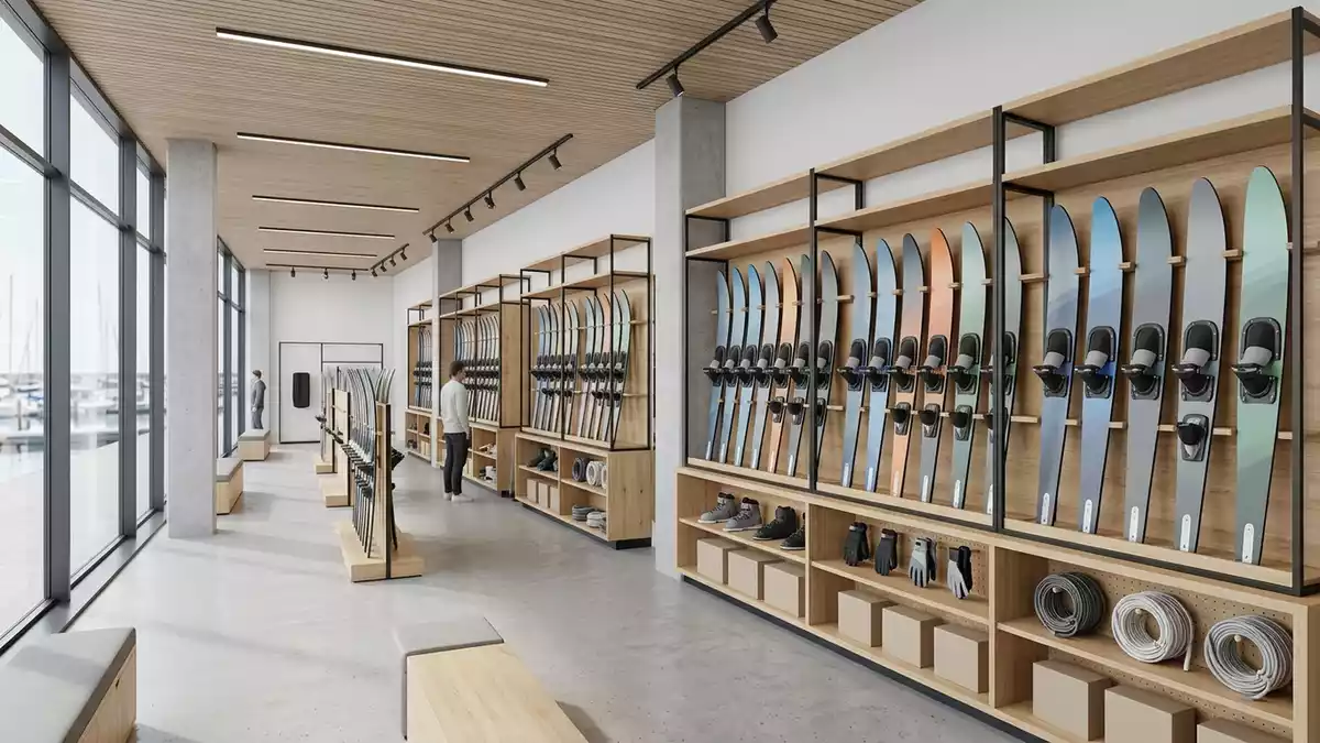 Architektur-Render im Wassersportgeschaeft mit Slalom Wasserski im Ausstellungsbereich