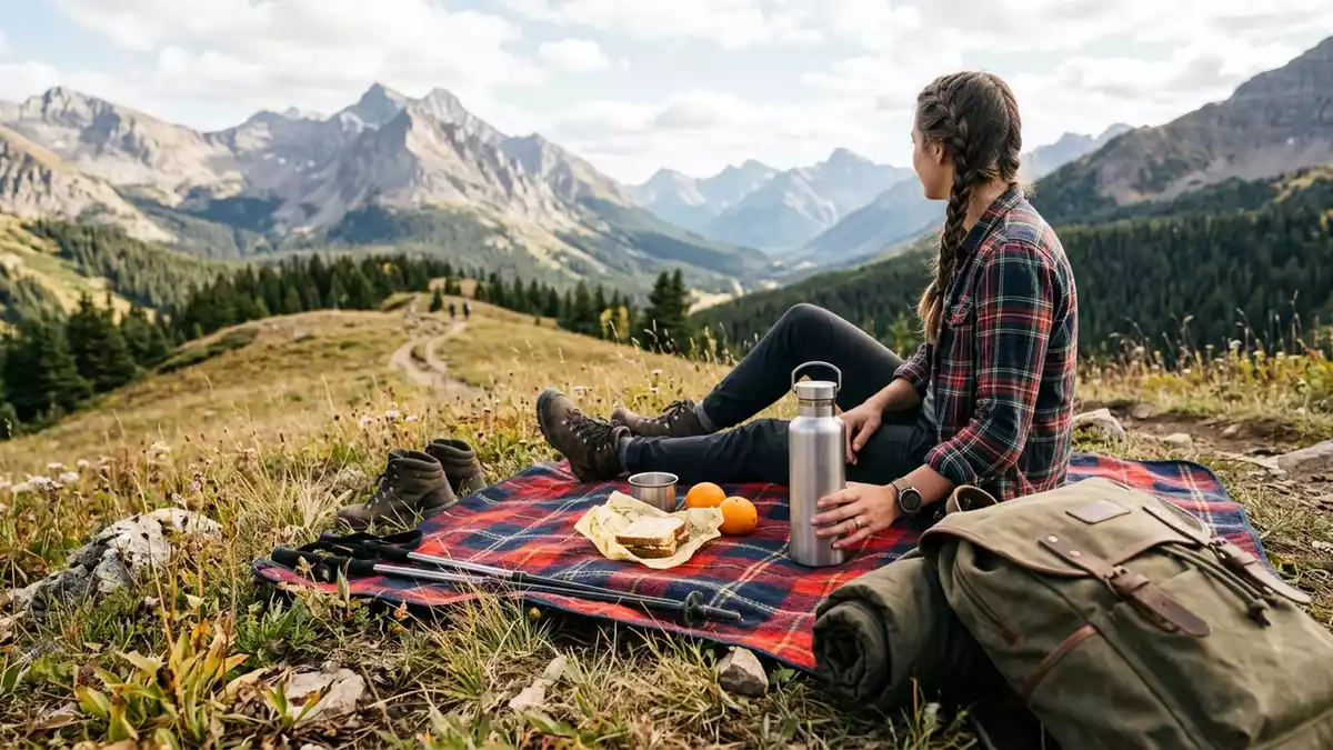 Fotorealistische Ansicht von Trinkflasche beim Wandern in realer Umgebung, neutral