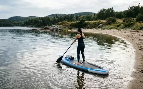 Fotorealistische Aufnahme von Aufblasbares Paddelbrett am Sandufer zum Thema ALLPICK Premium SUP Board, natuerliches Licht - Foto: THN