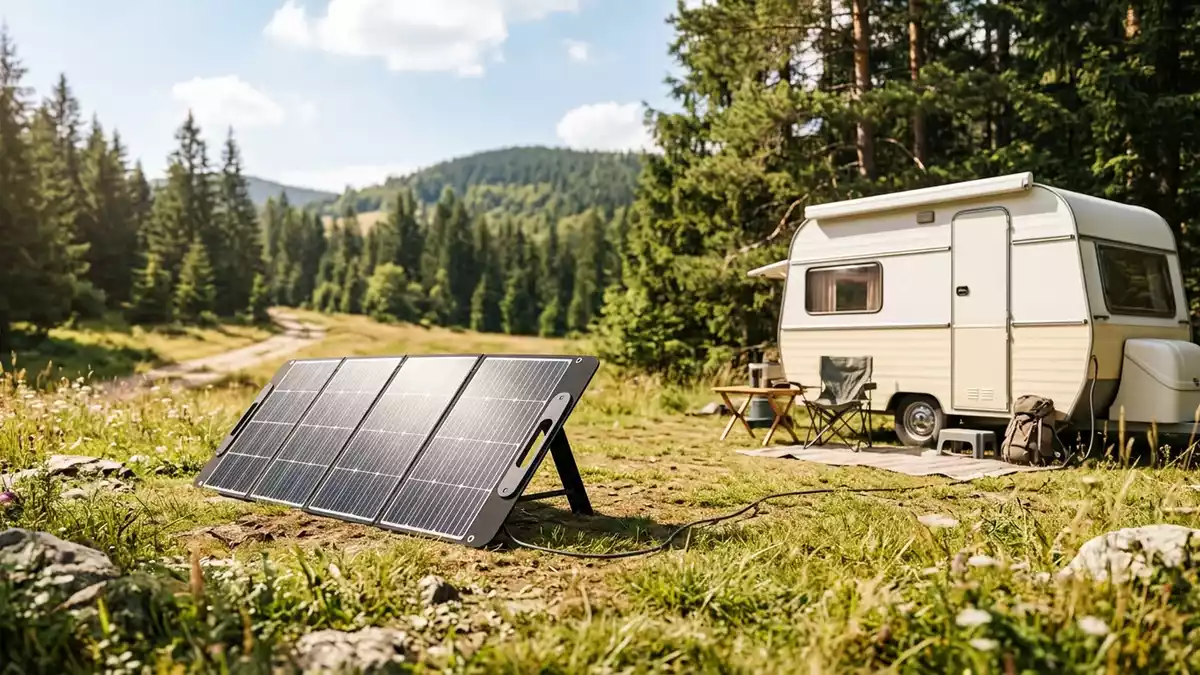 Fotorealistische Ansicht von Klappbares Solarpanel auf der Lichtung in realer Umgebung