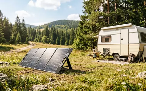 Fotorealistische Aufnahme von Klappbares Solarpanel auf der Lichtung zum Thema ALLPOWERS 400W Faltbares Solarpanel - Foto: THN