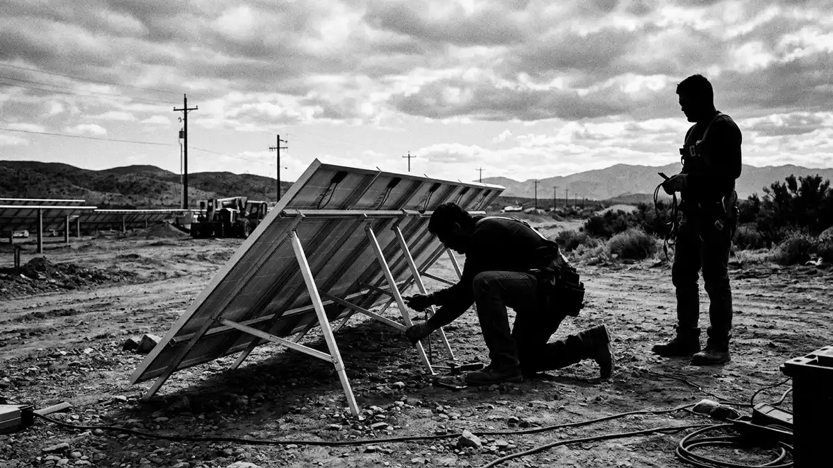 Schwarzweiss-Reportagebild mit Klappbares Solarpanel in dokumentarischer Arbeitsumgebung