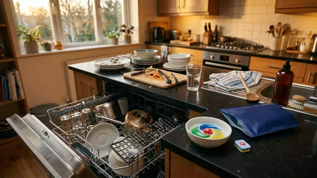 Fotorealistische Ansicht von Spuelmaschinentabs in der Kueche in warmem Abendlicht