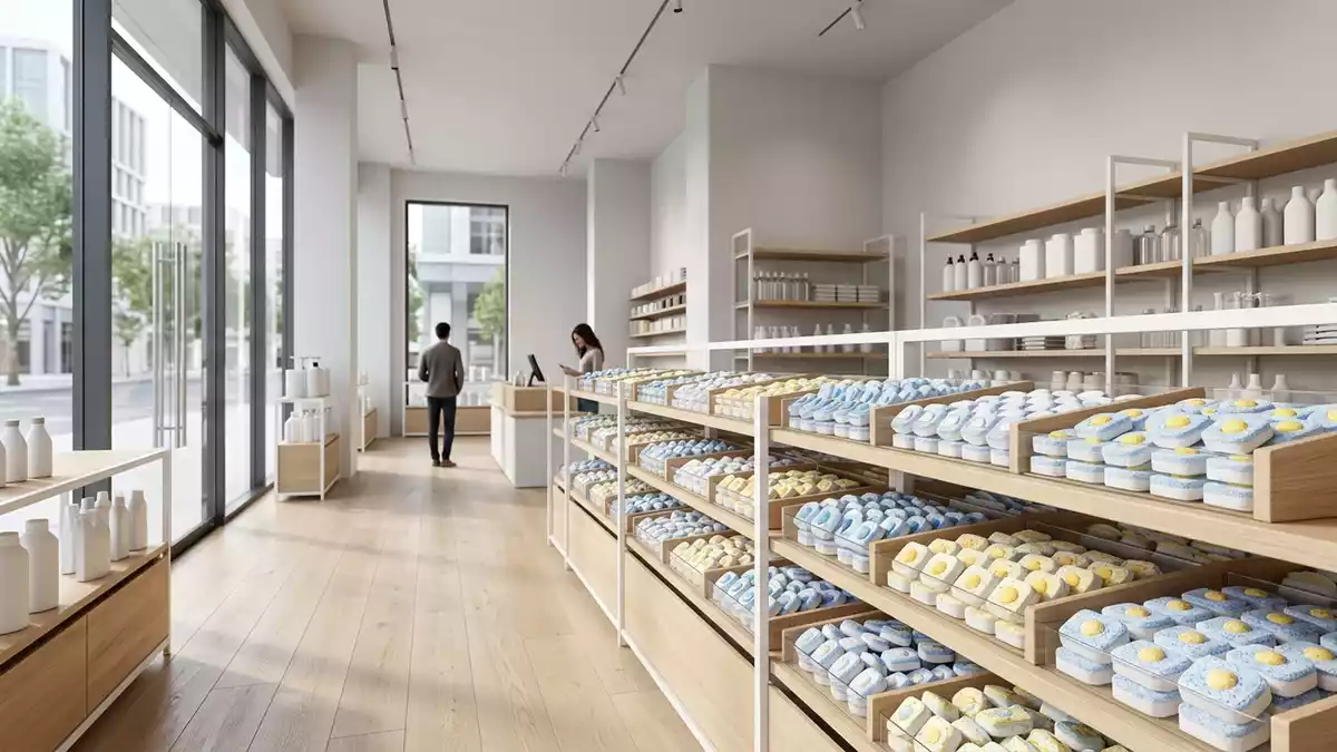 Architektur-Render im Haushaltswarengeschaeft mit Spuelmaschinentabs im Ausstellungsbereich