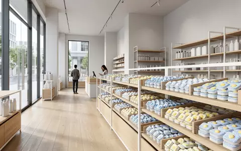 Architektur-Render im Haushaltswarengeschaeft mit Spuelmaschinentabs zum Thema Finish Quantum Spülmaschinentabs 80, neutrales Tageslicht - Foto: THN