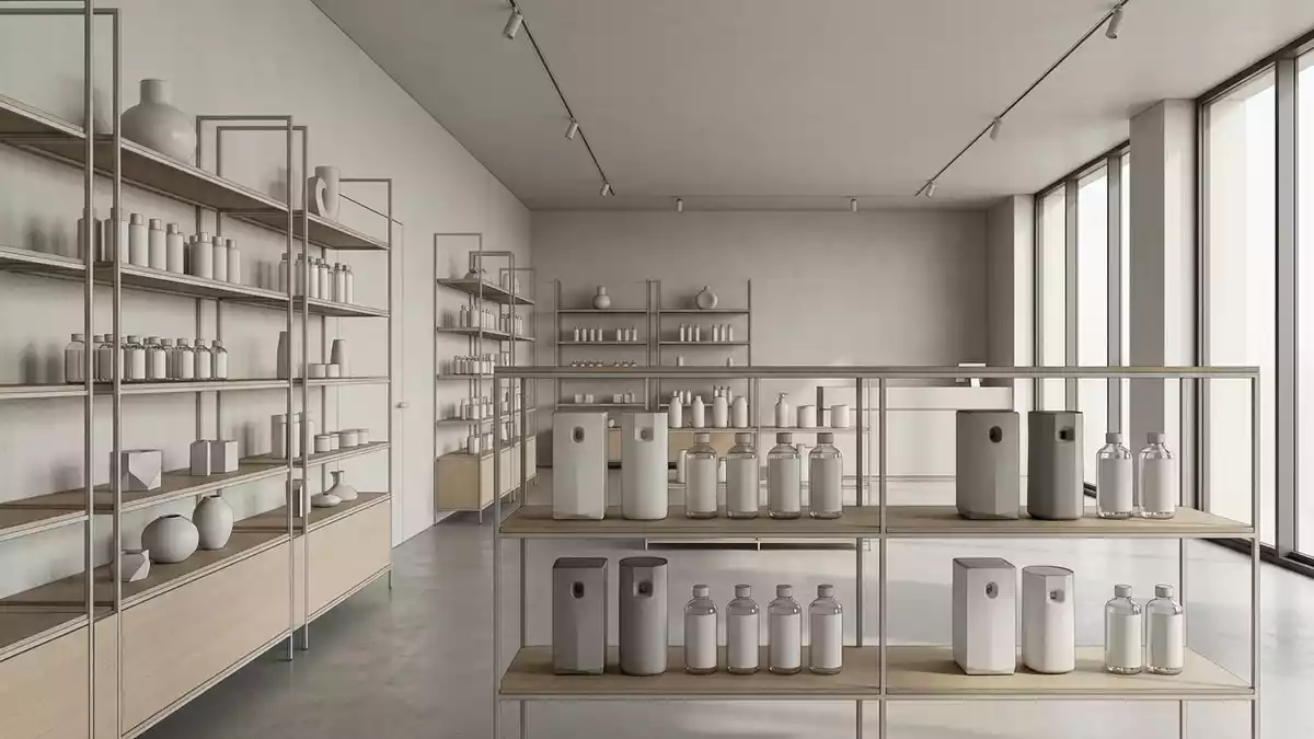 Architektur-Render im Wohnaccessoiregeschaeft mit Duftspender im Ausstellungsbereich