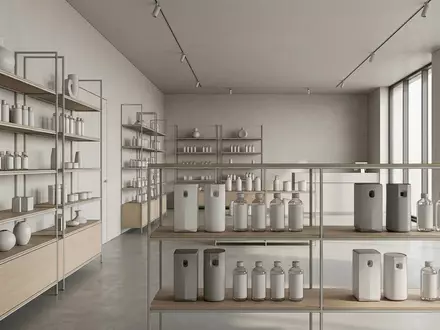Architektur-Render im Wohnaccessoiregeschaeft mit Duftspender zum Thema Air Wick Freshmatic Starter, neutrales Tageslicht - Foto: THN