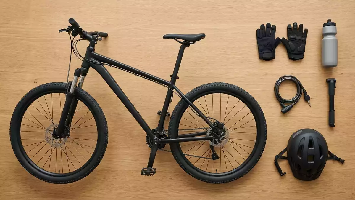Flatlay-Arrangement rund um Mountainbike mit passenden Requisiten von oben, neutral
