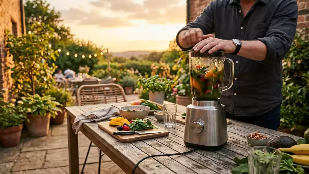 Fotorealistische Ansicht von Standmixer auf der Terrasse in warmem Abendlicht, neutral