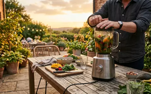 Fotorealistische Aufnahme von Standmixer auf der Terrasse zum Thema Cuisinart CBT-2000E Tornado Pro, warmes Abendlicht - Foto: THN