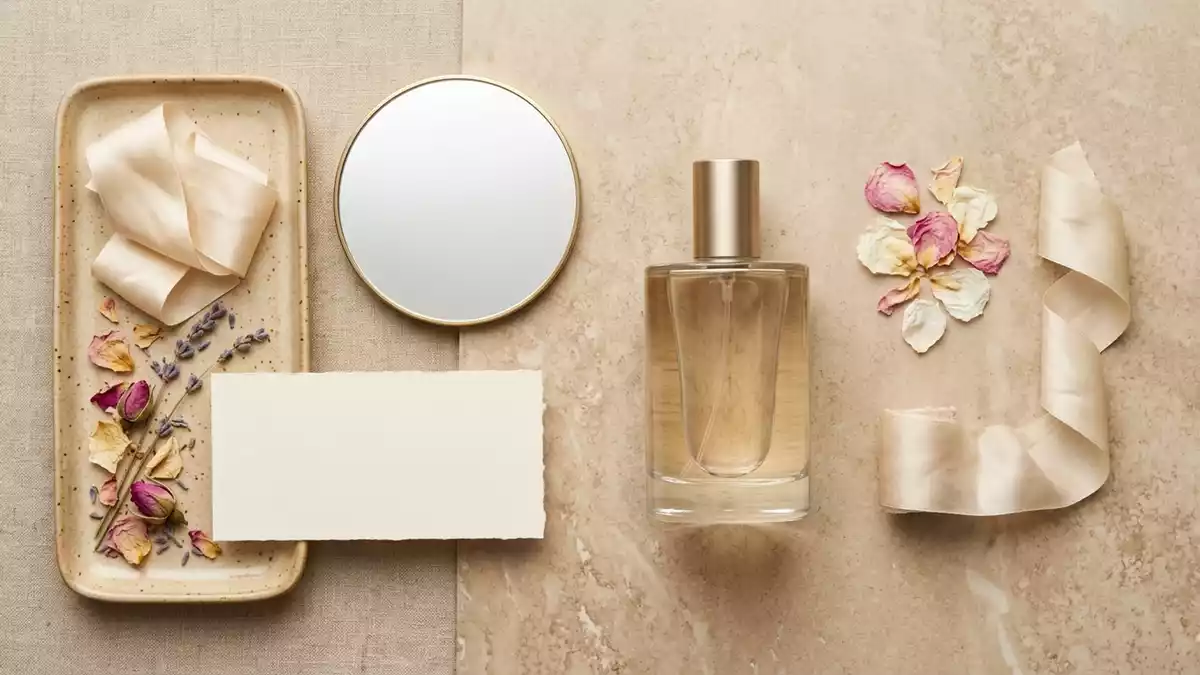 Flatlay-Arrangement rund um Parfuem mit passenden Requisiten von oben, neutral