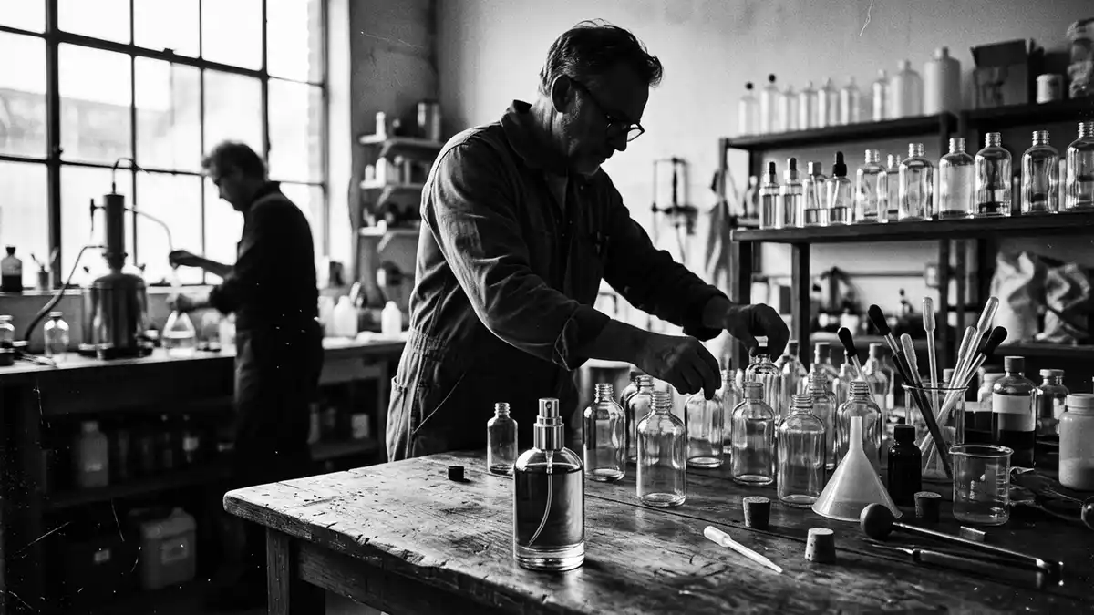 Schwarzweiss-Reportagebild mit Parfuem in dokumentarischer Arbeitsumgebung, neutral