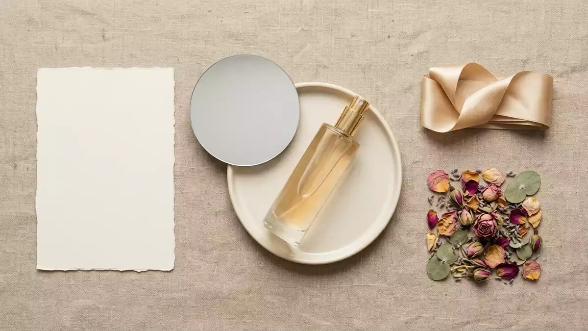 Flatlay-Arrangement rund um Parfuem mit passenden Requisiten von oben, neutral