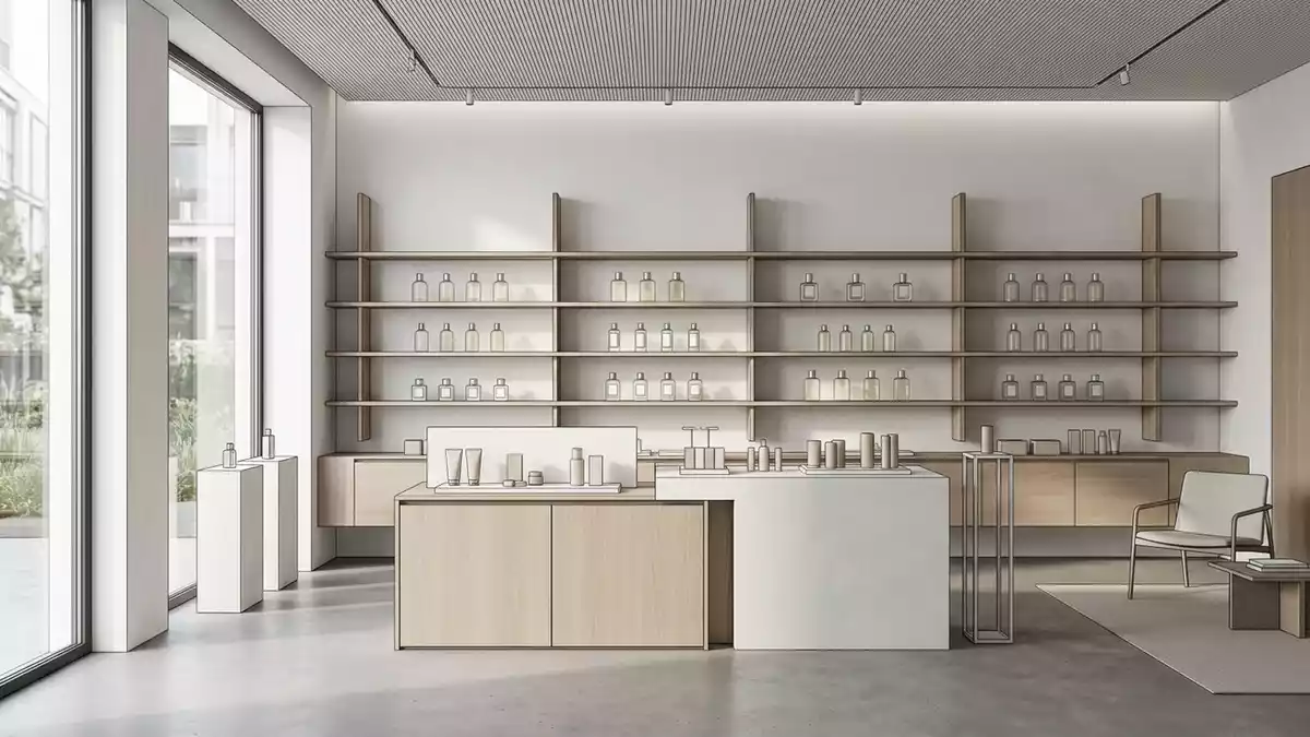 Architektur-Render im Parfuemerie mit Eau de Toilette im Ausstellungsbereich, neutral
