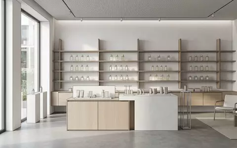 Architektur-Render im Parfuemerie mit Eau de Toilette zum Thema Hermès Un Jardin sur, neutrales Tageslicht - Foto: THN