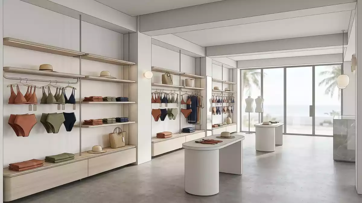 Architektur-Render im Bademodenladen mit Bikini-Set im Ausstellungsbereich, neutral