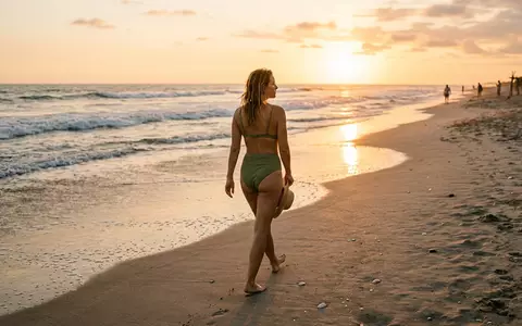Fotorealistische Aufnahme von Bikini-Set am Strand zum Thema Hilor Damen Bikini-Set hohe, warmes Abendlicht - Foto: THN