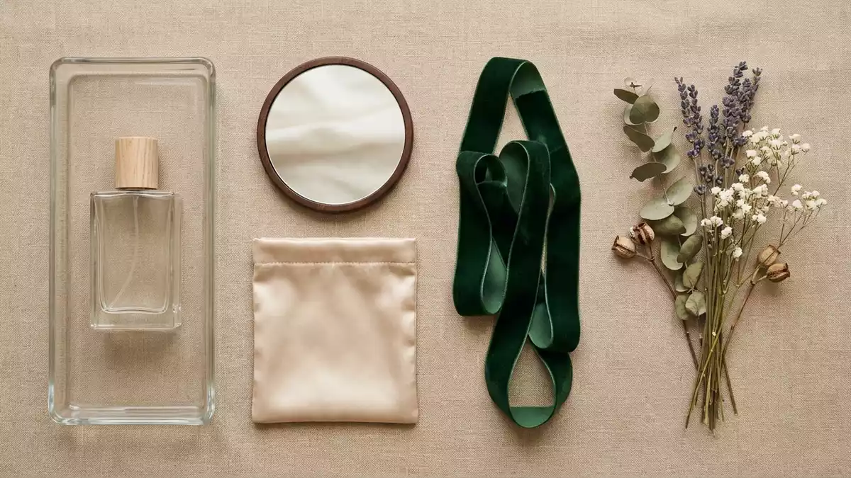 Flatlay-Arrangement rund um Eau de Toilette mit passenden Requisiten von oben, neutral