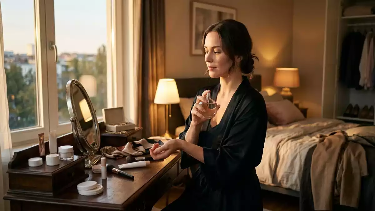 Fotorealistische Ansicht von Eau de Parfum vor dem Abendessen in warmem Abendlicht