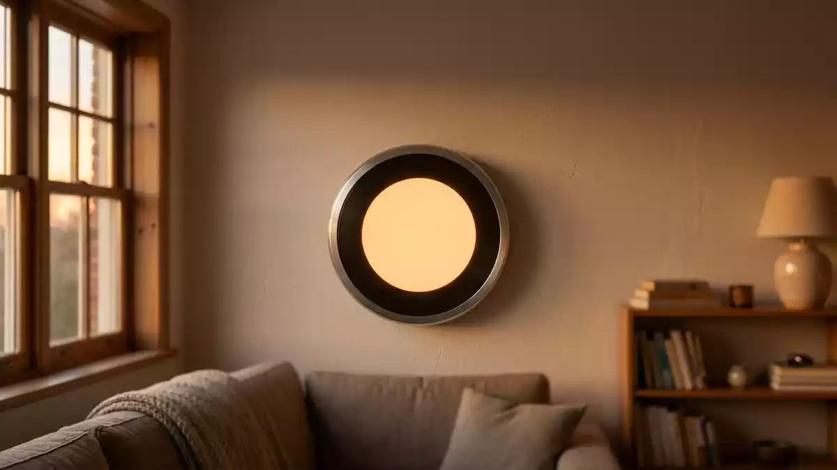 Fotorealistische Ansicht von Raumthermostat im Wohnzimmer in warmem Abendlicht