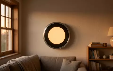 Fotorealistische Aufnahme von Raumthermostat im Wohnzimmer zum Thema Google Nest Learning Thermostat, warmes Abendlicht - Foto: THN
