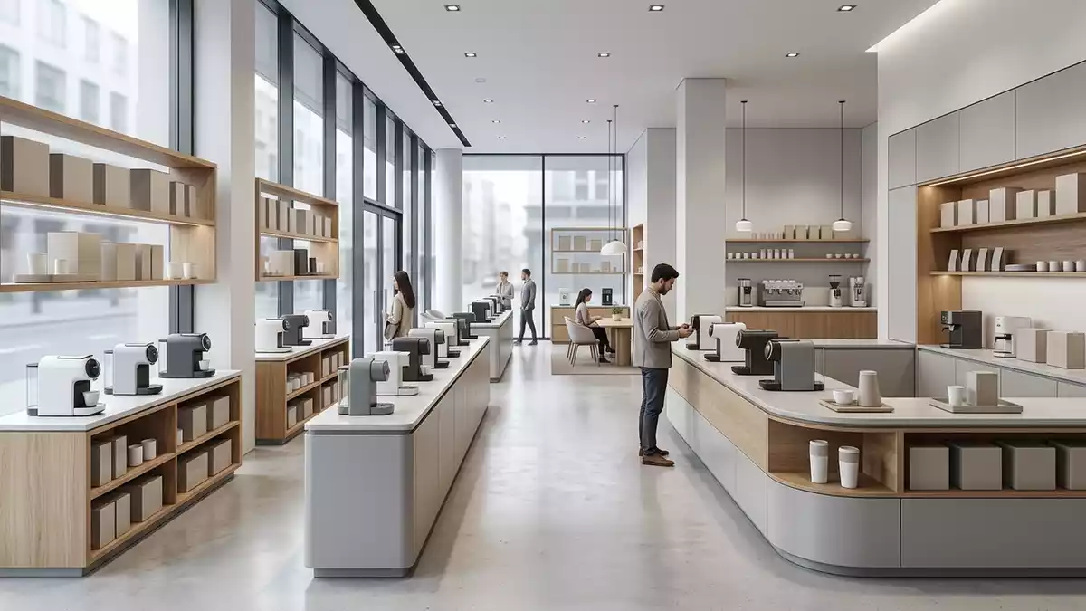 Architektur-Render im Kuechengeraetegeschaeft mit Kapselmaschine im Ausstellungsbereich