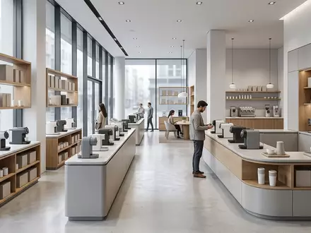 Architektur-Render im Kuechengeraetegeschaeft mit Kapselmaschine zum Thema Nespresso Vertuo Next Kapselmaschine, neutrales Tageslicht - Foto: THN