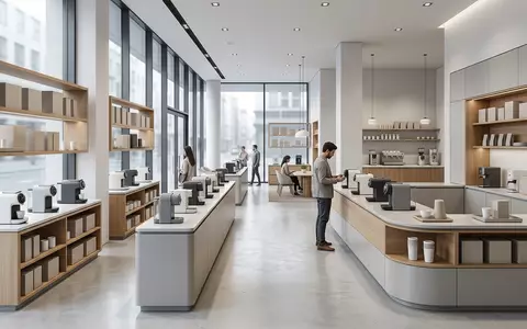 Architektur-Render im Kuechengeraetegeschaeft mit Kapselmaschine zum Thema Nespresso Vertuo Next Kapselmaschine, neutrales Tageslicht - Foto: THN