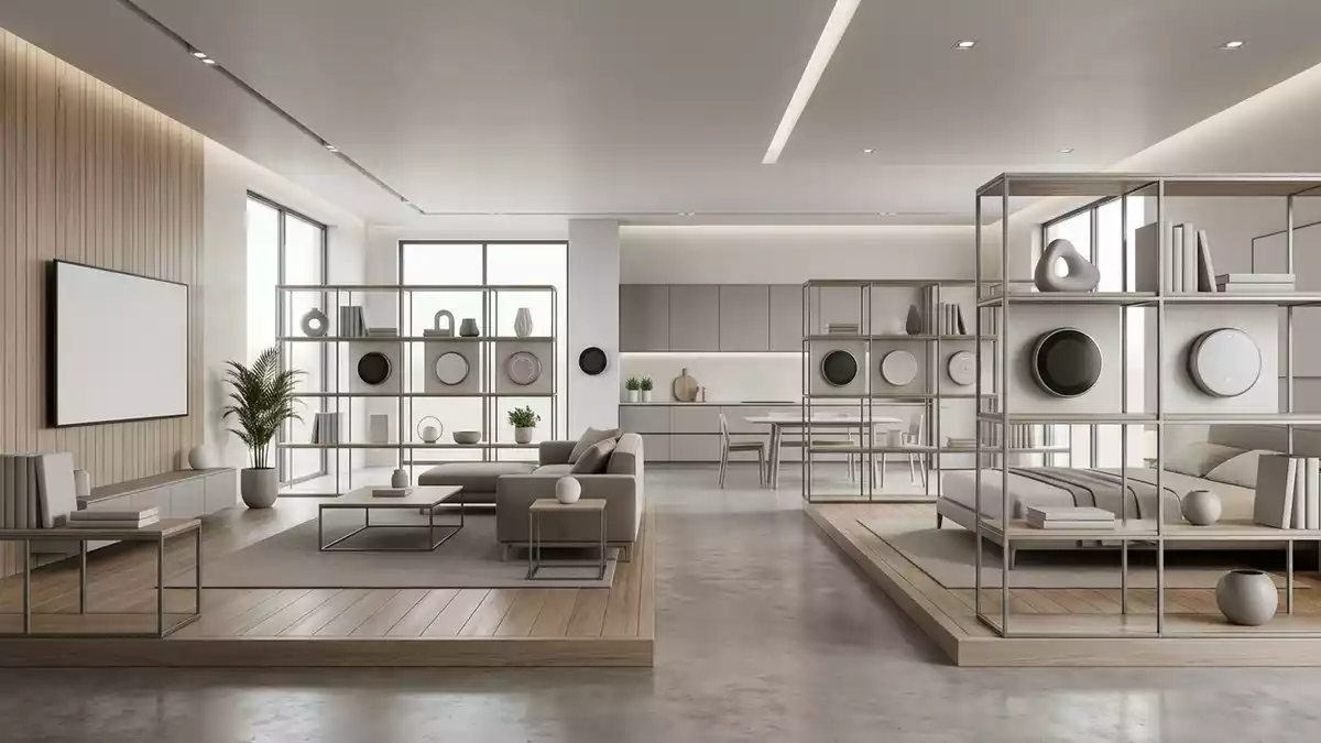 Architektur-Render im Hausautomationsgeschaeft mit Raumthermostat im Ausstellungsbereich