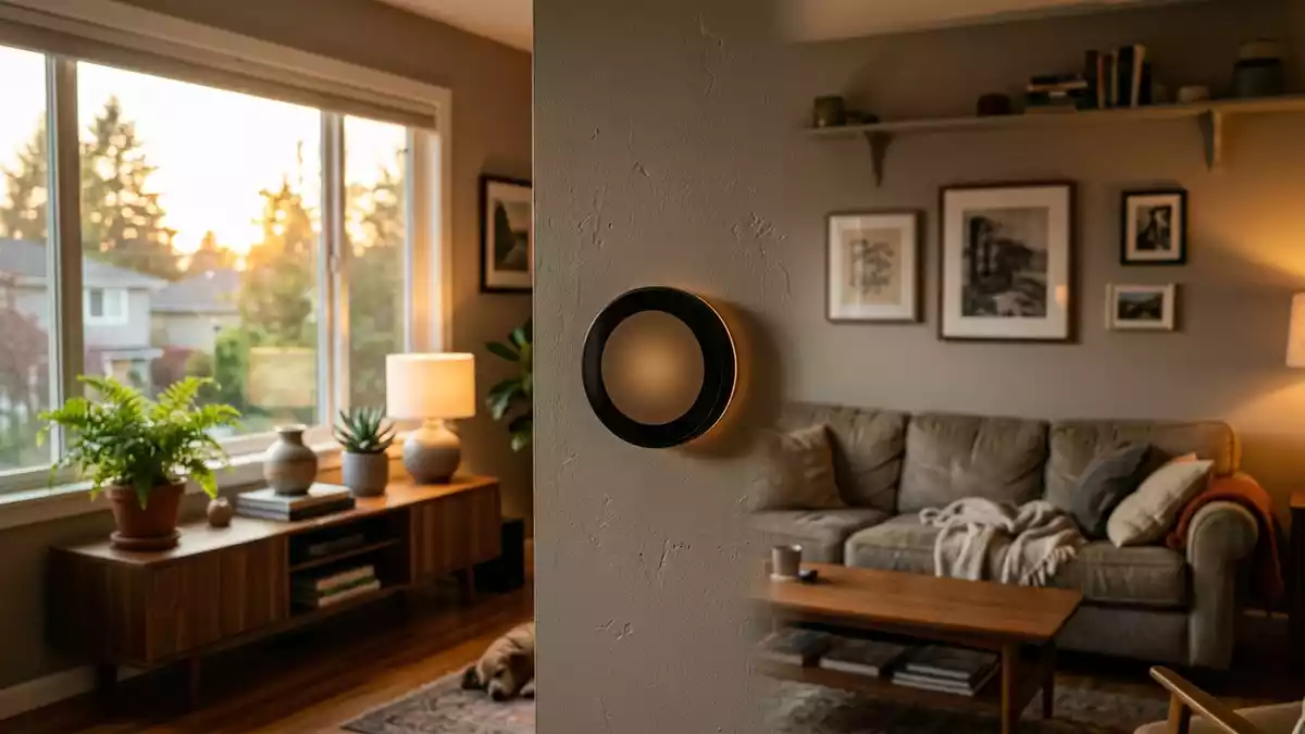 Fotorealistische Ansicht von Raumthermostat im Wohnzimmer in warmem Abendlicht