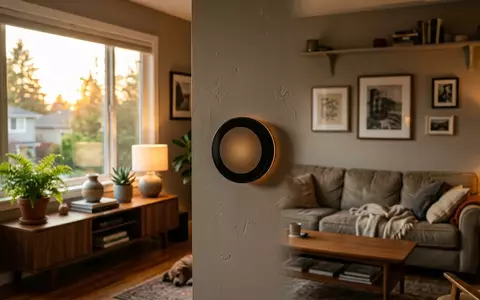Fotorealistische Aufnahme von Raumthermostat im Wohnzimmer zum Thema Google Nest Thermostat E, warmes Abendlicht - Foto: THN