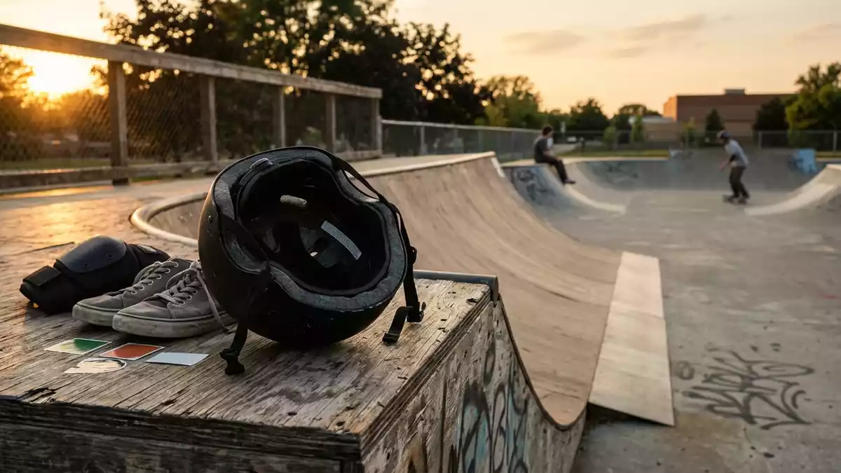 Fotorealistische Ansicht von Skatehelm an der Rampe in warmem Abendlicht, neutral