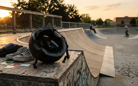 Fotorealistische Aufnahme von Skatehelm an der Rampe zum Thema Triple Eight Dual Certified, warmes Abendlicht - Foto: THN