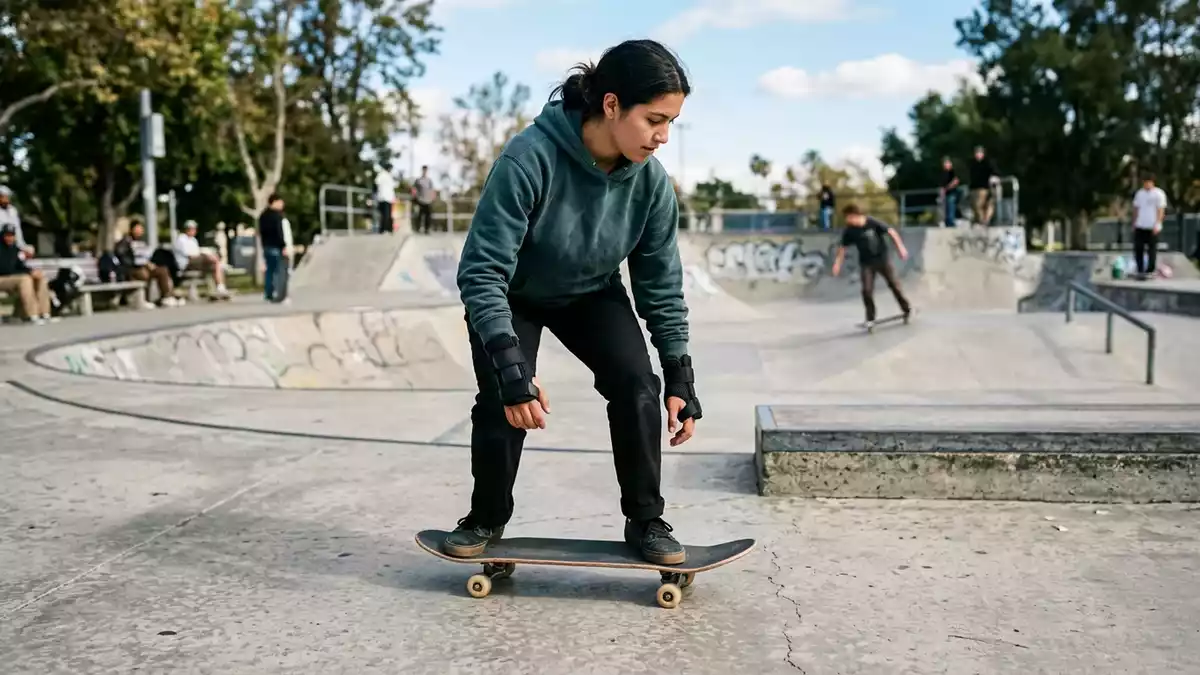Fotorealistische Ansicht von Handgelenkschutz im Skatepark in realer Umgebung, neutral