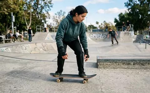 Fotorealistische Aufnahme von Handgelenkschutz im Skatepark zum Thema Triple Eight Saver Series, natuerliches Licht - Foto: THN