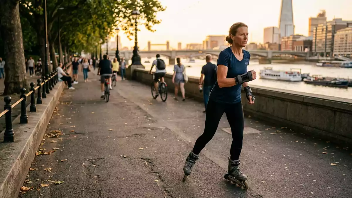 Fotorealistische Ansicht von Handgelenkschutz an der Promenade in warmem Abendlicht